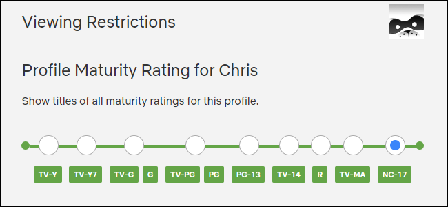 Seleção de uma classificação de maturidade do perfil no Netflix