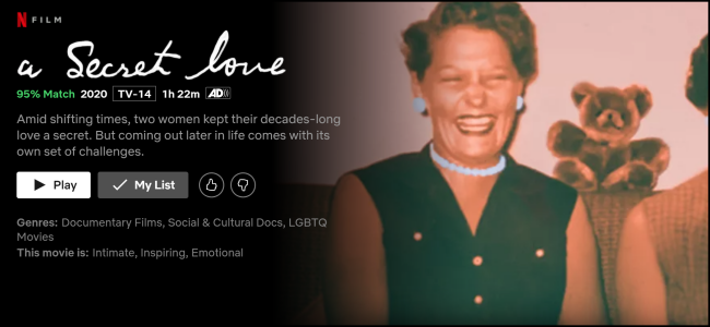 A página de exibição "A Secret Love" no Netflix.