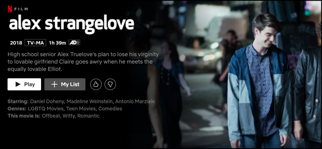 A página "Alex Strangelove" no Netflix.
