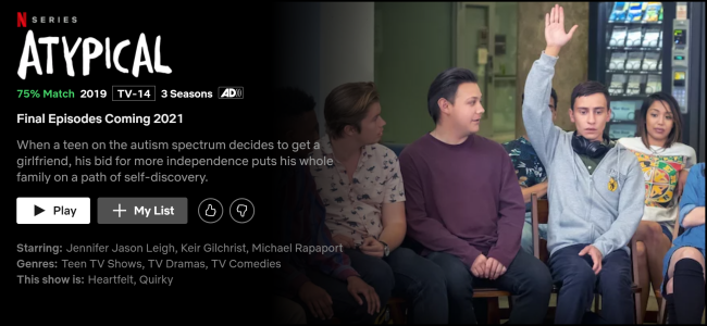 A página de exibição "Atípica" no Netflix.