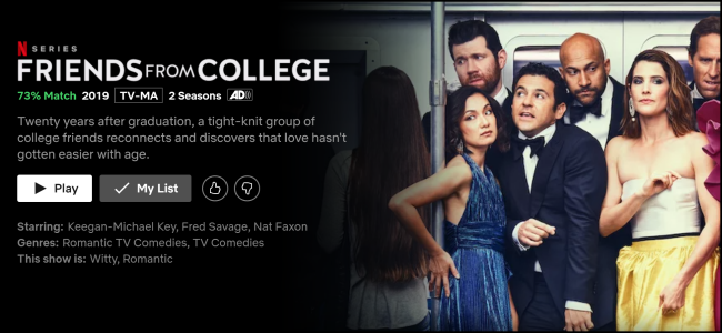 A página de exibição "Amigos da faculdade" no Netflix.