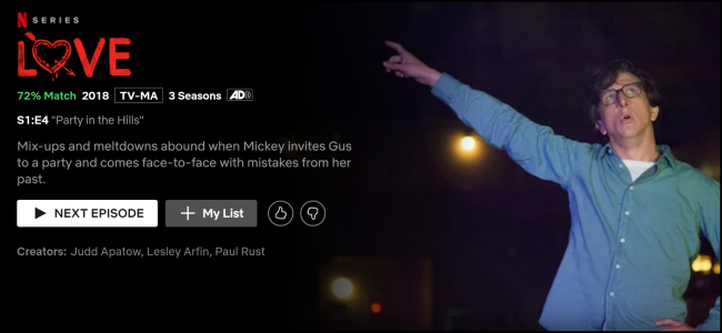 A página de exibição "Love" no Netflix.