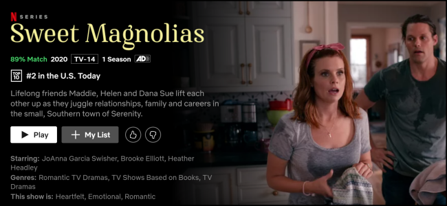 A página de exibição "Sweet Magnolias" no Netflix.