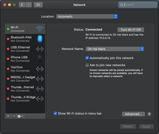 O menu de configurações de rede do macOS.