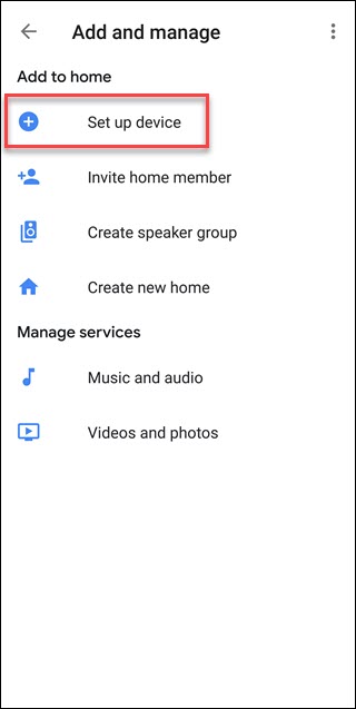 Página Adicionar e gerenciar do Google Assistente com a opção Configurar dispositivo na caixa