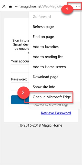 Página de configuração da conta com três pontos e abrir no Microsoft edge boxed