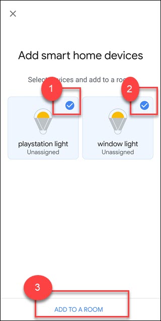 Adicionar caixa de diálogo de dispositivos de casa inteligente com duas luzes e adicionar opção a uma sala