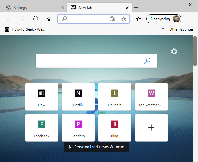 O novo navegador Microsoft Edge baseado em Chromium, mostrando uma página Nova guia.