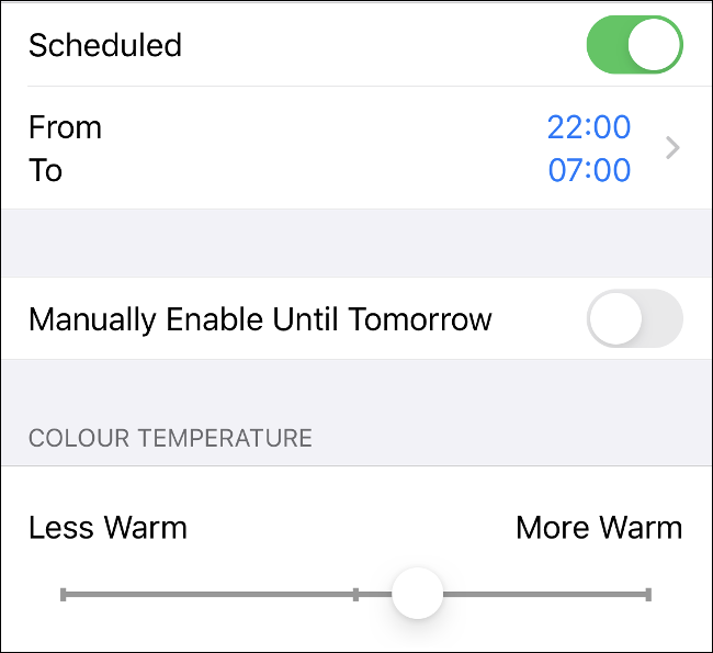 As configurações de "Night Shift" no iOS.