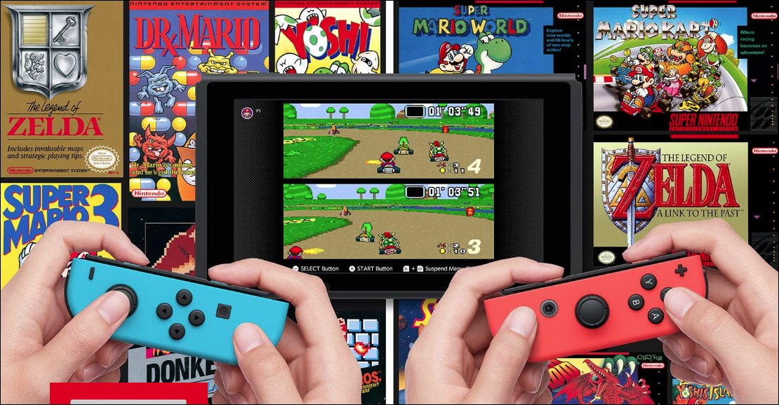 Jogando Mario Kart para SNES em um switch Nintendo.