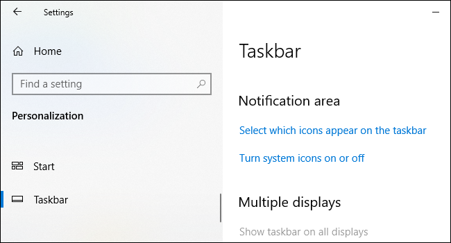 Opções da área de notificação na tela de configurações da barra de tarefas do Windows 10.