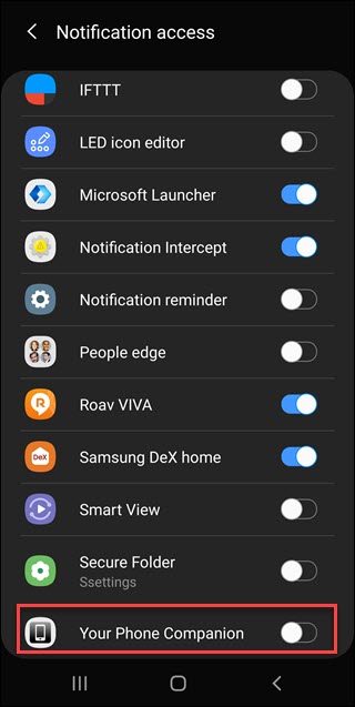 Configurações de acesso de notificação do Android com uma caixa ao redor do botão do companheiro de telefone.