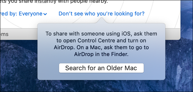 A opção "Pesquisar um Mac mais antigo" no AirDrop.
