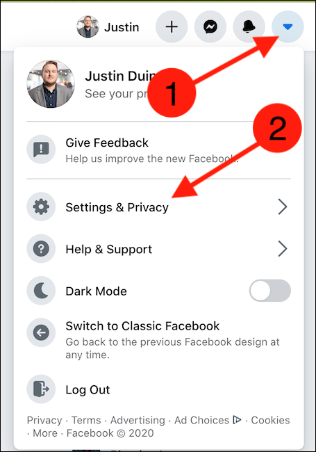 Abra o site do Facebook, clique no ícone do menu suspenso e selecione "Configurações e privacidade"