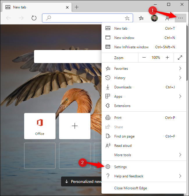 Abrindo as configurações no Microsoft Edge.