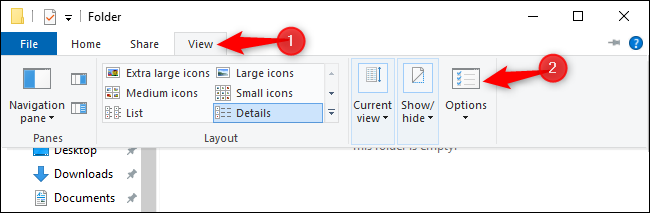 Abrindo a janela Opções de pasta do Explorador de arquivos no Windows 10