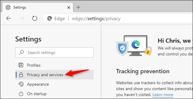 Seleção de configurações de privacidade e serviços no navegador Edge baseado em Chromium.