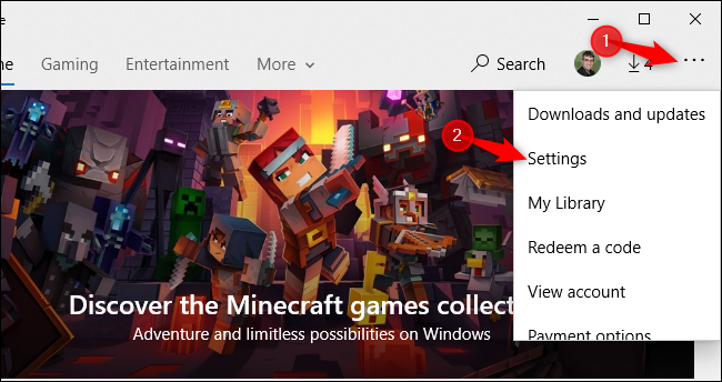 Abrindo a tela de configurações da Microsoft Store no Windows 10.