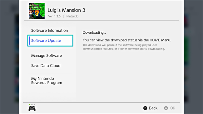 Uma mensagem no jogo Opções mostrando o download da atualização no Nintendo Switch