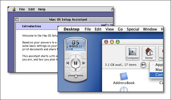 Uma interface Apple Mac OS 9 e uma interface Mac OS X Public Beta.