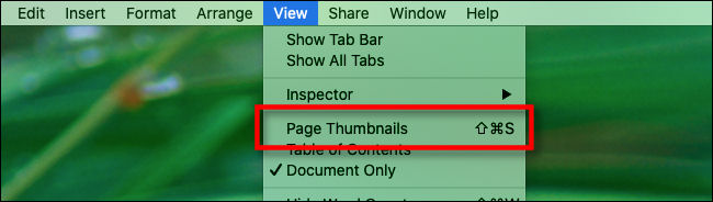 Um atalho de teclado ao lado de "Miniaturas de página" no menu "Exibir" em "Páginas".