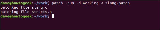 patch -ruN -d trabalhando <slang.patch em uma janela de terminal