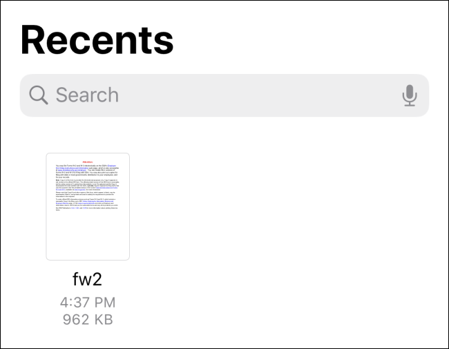 Esta visualização no aplicativo Arquivos mostra seu PDF salvo recentemente