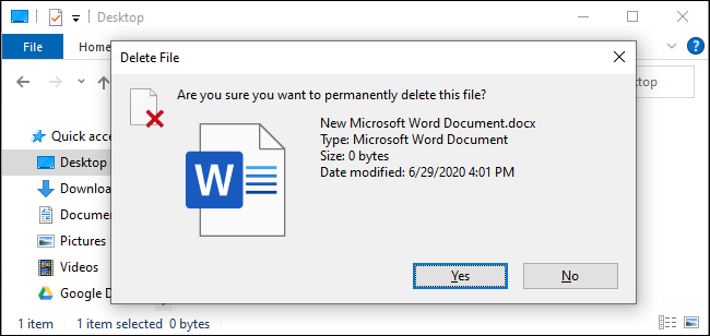 O prompt de confirmação ao excluir um arquivo com Shift + Delete.
