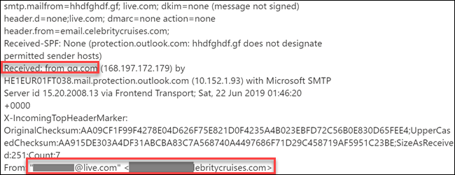 Cabeçalho de e-mail mostrando dois endereços de e-mail diferentes: o endereço de e-mail de uma pessoa e um endereço de spam.