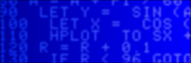 Linhas esmaecidas de código em um fundo azul (uma interpretação artística do Applesoft BASIC).
