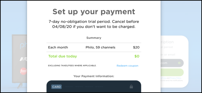 A página "Configure seu pagamento" em Philo.
