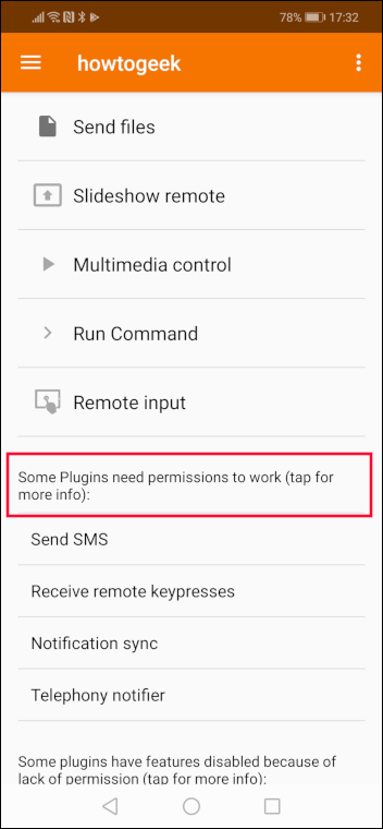 Permissões do plugin KDE Connect