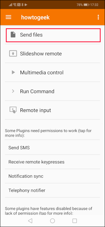 Opção de enviar arquivos no KDE Connect