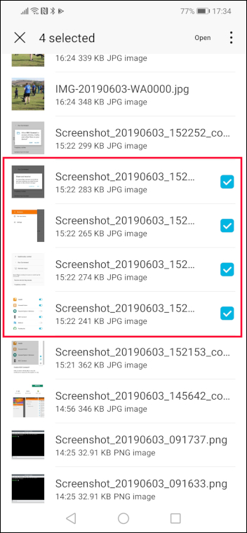 Vários arquivos selecionados no KDE Connect