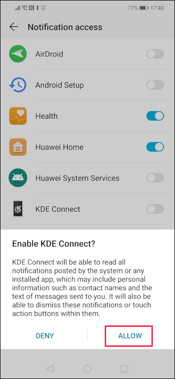 Habilitar as opções de verificação do KDE Connect