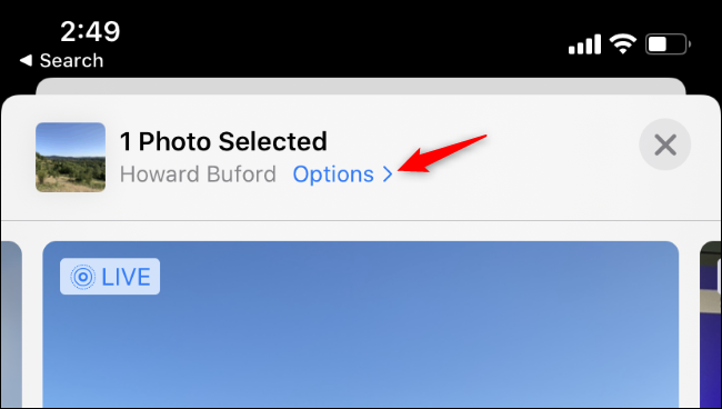 Acessar opções de localização ao compartilhar uma foto no aplicativo Fotos do iPhone.