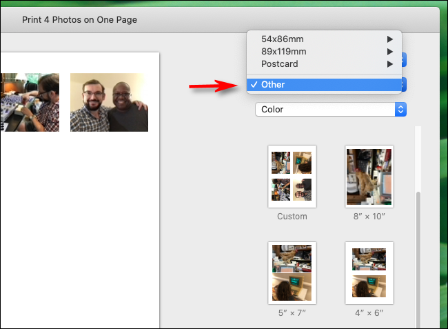 Selecione Outros em tamanhos de papel no aplicativo Fotos no Mac