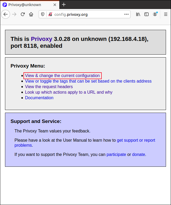 A página inicial do Privoxy em uma janela do navegador.