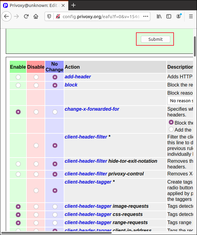 A página de configurações granulares do Privoxy no Firefox.