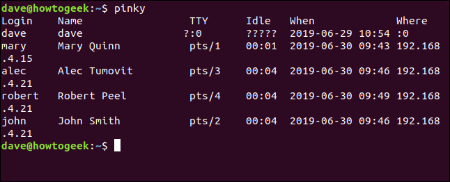 saída do pinky em uma janela de terminal