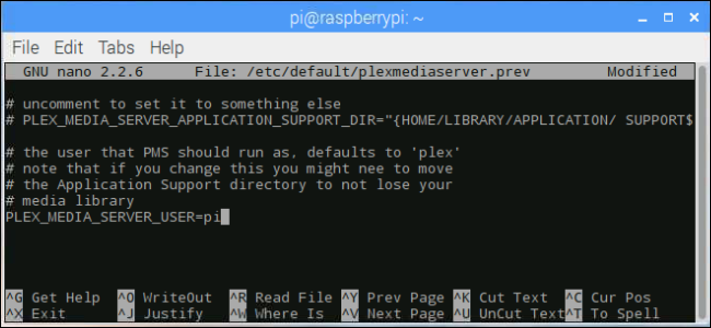 janela do terminal: alterando Plex para Pi como o usuário