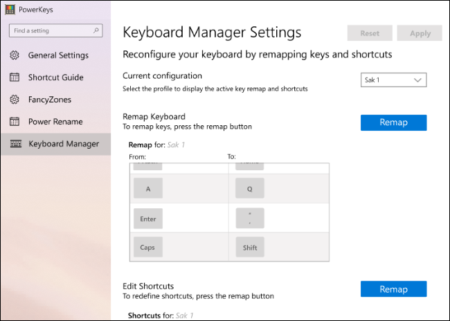 Uma versão anterior das configurações do Keyboard Manager no PowerToys.