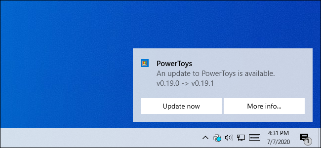 Um brinde de notificação para Microsoft PowerToys no Windows 10.
