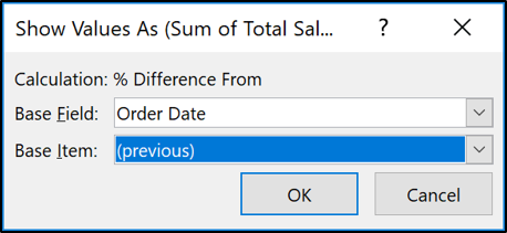 Selecione Anterior como o item base para comparar