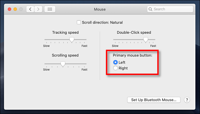 Selecione o botão principal do mouse no macOS