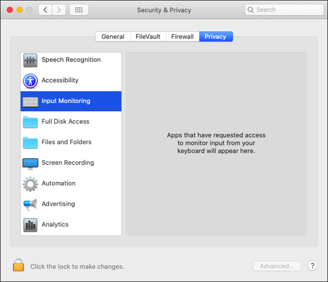 O menu "Monitoramento de entrada" nas configurações de segurança e privacidade do macOS Catalina.