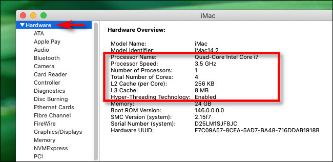 Os detalhes da CPU do "Hardware".