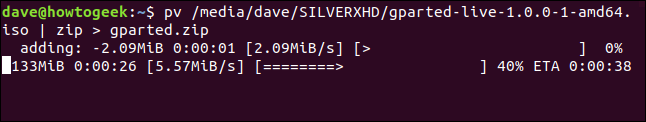 Saída pv para criar um arquivo zip em uma janela de terminal