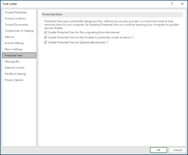 Configurações de exibição protegida do Excel