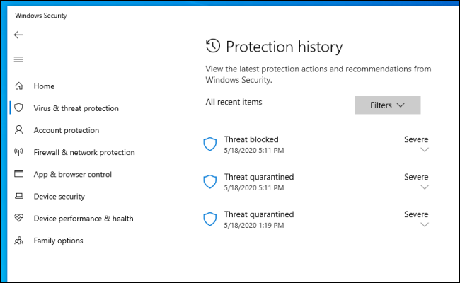 A lista do histórico de proteção na Segurança do Windows no Windows 10